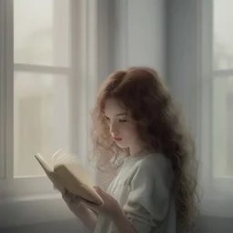 Study girl, curl hair read a book in by the window, ultra detail, real photo realistic, unreal engine, cinematic lighting --ar 1:1 creative