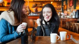 young woman talk to a penguin in coffee-shop