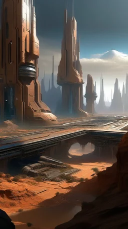 small sci fi city, beautiful, cyberpunk, arid