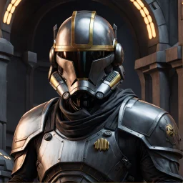 star wars bald male corellian pilot wearing pearlescent black and gunmetal grey First Order special forces heavy assault stealth commando armor and helmet with gold trim inside the jedi temple, hyperdetailed, dynamic lighting, hyperdetailed background, 8k resolution, volumetric lighting, light skin, fully symmetric details