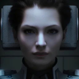 beautiful female captain, high tech, sci fi, brown eyes, pale skin, blue high tech outfit, dark bun hair