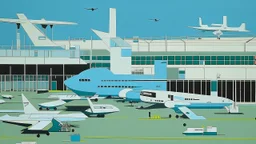 A pale bluish white air force base with jets painted by Stuart Davis