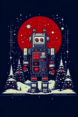 christmas robot in sweater with christmas atmosphere pine trees bitcoin moon starwars evil