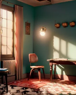 Room scene with sit woman, Wes Anderson style, realistic photo, concept art, smooth, unreal engine 5, god lights, ray tracing, RTX, lumen lighting, ultra detail, volumetric lighting, 3d.