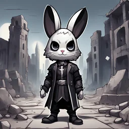 Adjudicator Male dressed in a bunny costume with bunny ears priest-like costume of jet black with silver cross markings they are a vigilante, background city ruins, in 2d chibi art style