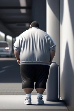 full figure shot back view of a fat guy , timid 45-year-old italian chubby in tracksuit, big buns, at bus stop photorealistic, ambient occlusion, sunlight