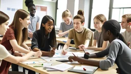 The image depicts a group of students actively engaged in a collective discussion within a classroom. The atmosphere is filled with enthusiasm and collaboration, evident through their lively interaction and exchange of ideas. The image illustrates the promotion of social interaction and cultural learning within an educational environment, where students learn from one another and build interactive bridges that contribute to enhancing understanding and cooperation among diverse cultures.