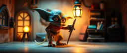 air brush 3d with pen outline,spaghetti western goblin edgy hero, shallow depth of field, warm lantern, pin hole cam in doll house