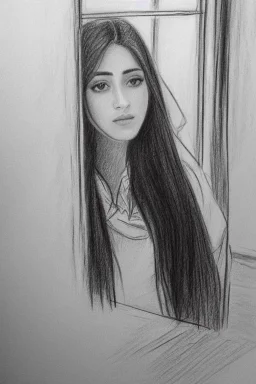 Pencil sketch of Young woman look through the window , Arab features,sad, long wavy hair, full body، on lined paper