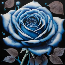 A detailed high quality surreal painting of a delicate, shimmering single blue animorphic rose that had a small pretty face in its petals, pouting, background is a blurred black and white hypnotic pattern, very mod, 1960s inspired art, psychedelic, highly detailed conceptual art, mixed media collage, dark fantastical atmosphere, fine lines, dali-esc, beautiful and natural, strange art, optical illusion