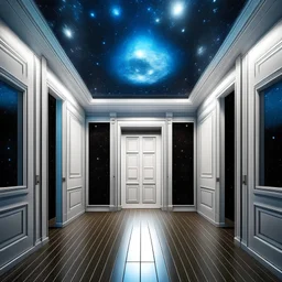 The floor is water, the ceiling is a starry sky in the middle, a white door