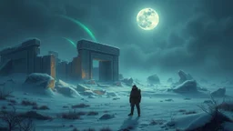 "An atmospheric image of ancient ruins in a tundra setting, partially buried in snow and ice. The remnants of stone structures, adorned with intricate carvings, are encased in frost, glowing faintly with iridescent colors. Surrounding the ruins, arcs of green and blue energy pulse gently, hinting at an ancient magic left behind. In the foreground, a lone explorer, dressed in warm, layered clothing, examines the ruins with a mix of awe and intrigue under the haunting light of a full moon. This sc