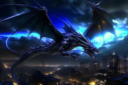 black dragon in flight city in the background at night