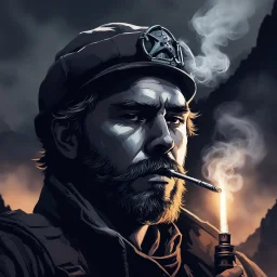 Close-up portrait of a rugged partisan, face grim with resolve, in mid-whistle. A friend, shadowy and blurred, steps into the empty spot behind him, overlapping. The partisan's dirty hand holds a glowing cigarette; the rising smoke forms fractal barbed wire patterns. They are on a narrow mountain pass at deepest night. The sky is a pulsating vortex of deep purple, indigo blue, and emerald green galaxies and swirling cosmic dust. High-contrast 35mm film grain documentary aesthetic brutally overla