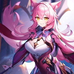 Clear focus,High resolution,High quality, Smiling, Pink long fluffy hair, Pink cat ears, Yellow eyes, Wearing a pink mech uniform, Honkai Impact Star Rail