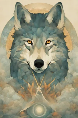portrait of a mystic wolf facing forward, smoke covering face, by Alphonse Mucha, by victo ngai, by Hokusai, sacred geometry, medicine, sacred
