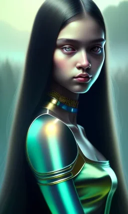 young girl, cute, beautiful, long hair, black hair, light green skin, flat nose, black eyes, big eyes, turquoise dress, head and shoulders portrait, 8k resolution concept art portrait by Greg Rutkowski, Artgerm, WLOP, Alphonse Mucha dynamic lighting hyperdetailed intricately detailed