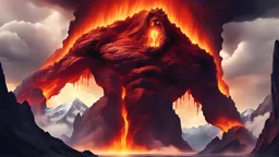 Gigantic flaming titan monster dripping magma tearing open a mountain as if its being birthed from it