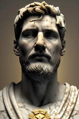 Ultra Realistic image, Roman sculpture, white marble material, Lionel Messi, gold Laurel leaves wreath, renaissance ornaments, one gold star in heart, marble background, chisel style, waist up portrait, epic, celestial, cinematic lighting, God light, god rays, 4k resolution, smooth details, ornate details, soft lighting, unreal engine 5, art station, substance 3d.