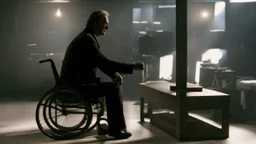 ، يظهر رجل جالس على كرسي في غرفة مظلمة. وجهه غير واضح، لكن يمكن رؤية عينيه مغمضتين. الرجل يرتدي ملابس سوداء،