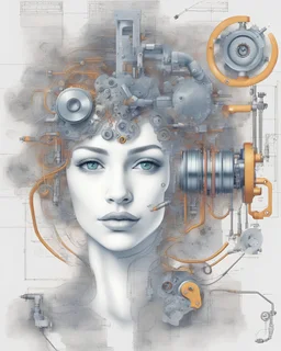 A realistic complex colorful illustration of a anthropomorphic woman face portrait, composed of various components such as valves, springs, bolts, and circuits with some drawings, diagrams and notes explaining how it works on background, concept art