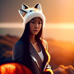 mdjrny-v4 style, cute asain girl wearing a fox hat by greg rutkowski and Guwiez, depth of field, cinematic lighting, 8k uhd, redshift render