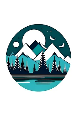round logo with mountains, forest and lake. Minimalism