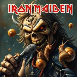 make an album cover of Eddie from the Iron Maiden hardrock band, slow snails attacking him