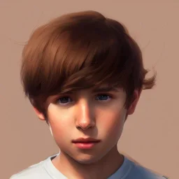  boy, cute, young, brown hair, brown eyes, medium hair, close up, head and shoulders portrait, head and shoulders portrait, 8k resolution concept art portrait by Greg Rutkowski,