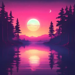 a silent lake in a wood , synthwave picture style with light pixel, the sunset on the horizon, with a big pixelated sun and a half moon