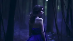 beautiful woman in a dark forest, sleeveless, purple hue, romantic, seen from the back, dark, desperate