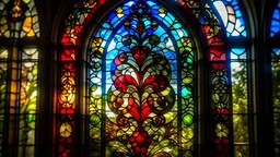 stained glass window, relaxation, luxury, dream world, calm beauty, symmetry, fantasy world, magic, beautiful composition, exquisite detail, 80mm lens