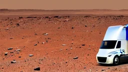 A Tesla semi-truck is parked, in the 'Cydonia' region, on planet Mars. CINEMATIC. WIDE ANGLE LENS.