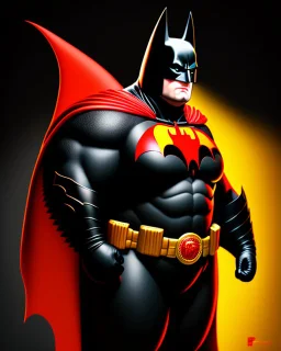 Portriat of the Batman, Fernando Botero style, digital art, red, black and yellow colors, hiperdetallado, full body