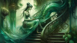 In a realm where reality blurs with imagination, a weary soul sits on the steps. Clad in whimsical patterns, she cradles a heavy head, encased in a swirling mist of thoughts. Beside her, a green horse gazes with knowing eyes, embodying the spirit of adventure. From the shadows, vibrant spirals flicker, hinting at pathways yet to be discovered. As the hues dance around her, the girl feels a spark of hope; perhaps the journey within is just as thrilling as the one outside. With a deep breath, she