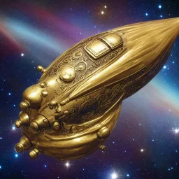 ornate starship made of brass, trailing smoke, in space