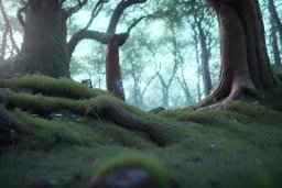 GIGANTIC SANDSTONE TERRAIN,TUNDRA TORNADO,MOSSY FOREST ROOTS,ROTTEN TREE STUMP, unity engine, bloom,cinematic lighting,blue tone, octane render.