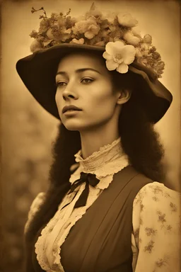 beautiful mixed race pale mulatto woman, straightened brown hair, with popular 19th century style blouse and skirt, thin black bow under the neck of the blouse, flowers on her head, full body, in a 16K wasteland, toned in sepia, estilo Bansky, profile view