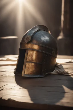 The Roman centurion's helmet lies on an old cracked wooden table. Next to it on the table is a cross on a string and a scroll of parchment. A ray of sunlight reflects off the helmet. All around is the entourage of ancient Rome. High quality image in 8K