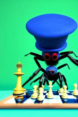 large hairy blue spider wearing a top hat and playing chess, photorealistic, blender render, wide angle lens, 4k, two birds, jungle,