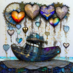 Abstract mixed media kintsugi art in intricately detailed and textured Seth Apter, Ernst Haeckel, Peter Wileman and John Hoyland style: "Fishing flying mantarays, fisherboat carried by heart-shaped balloons, overgrown with foliage and dangling vines, in an enchanted, magical, misty caribbean seascape, with colourful Yayoi Kusama textures, rainbow bubbles, in the clouds." Contemporary Art, incorporating collage and graphic shapes, with figurative and enchanted, mystical elements. By Susanne.