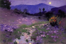 Night, purple flowers, pathway, mountains, rocks, little puddle, theodore robinson impressionism painting