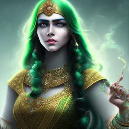 fantasy setting, indian woman, green and black wavy hair, magician