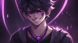 An 18-year-old boy with an evil appearance wearing a black crescent-shaped necklace that emits violet light with a malicious smile .