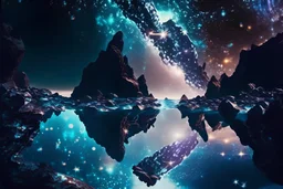 rocky cliff, galaxy, infinite, cosmos, people, water reflection, sci-fi.