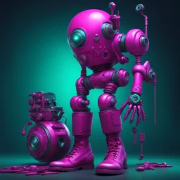 A hyper-realistic 3D Surreal digital painting, magenta droid mechanic, rich deep teal background, dreamlike imagery, fantastical elements, perfect body ,dymond , boots