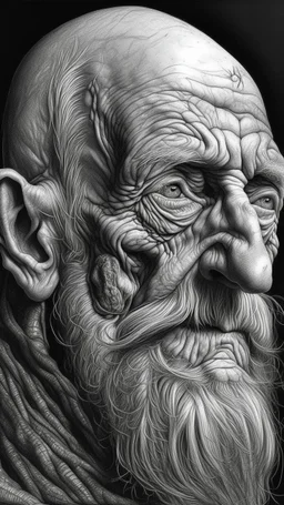 𝙋𝙧𝙤𝙢𝙥𝙩 highly detailed graphite illustration, A surreal elderly figure with exaggerated anatomical features, heavily wrinkled skin, and an intense, contemplative expression. bald head, thick eyebrows, long beard merge into swirling abstract shapes. Large, expressive hands, one covering the mouth and the other gripping the forehead tensely. Mysterious, introspective, dreamlike, somewhat dark fantasy. #𝙙𝙧𝙚art #prompt