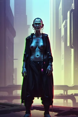 cyberpunk saggy granny woman, abandoned sci-fi town, future, sci-fi