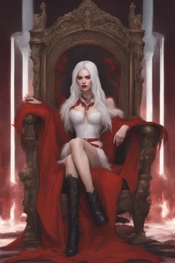 Beautiful white haired Vampire queen on her throne, drawing. Wearing a red cloak with a fur collar