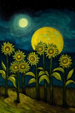 vincent van gogh cinco girasoles, colores pasteles en primer plano en la luna, con atmosfera misteriosa con luz calida.